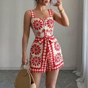 Orange Boho Women's Print Floral Sleeveless Jumpsuit